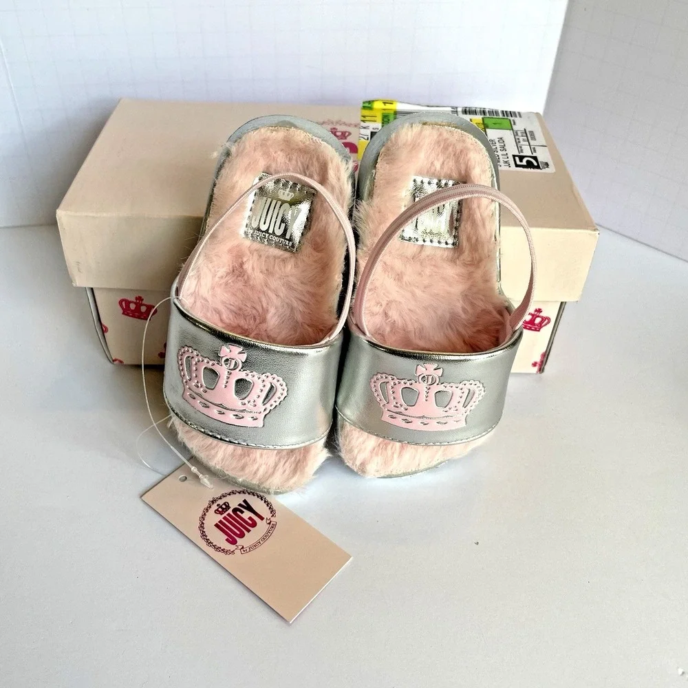 Juicy Couture Toddler Girl Sandals Size 5‎ LIL SALIDA Silver Pink Crown NWT Faux